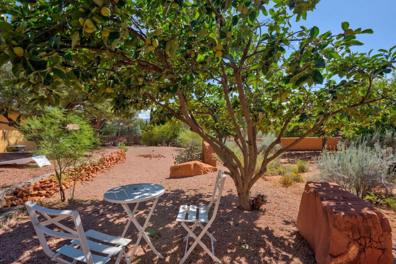 An outdoor seating area with a table and two chairs under a tree, surrounded by a garden with various plants and a large rock.