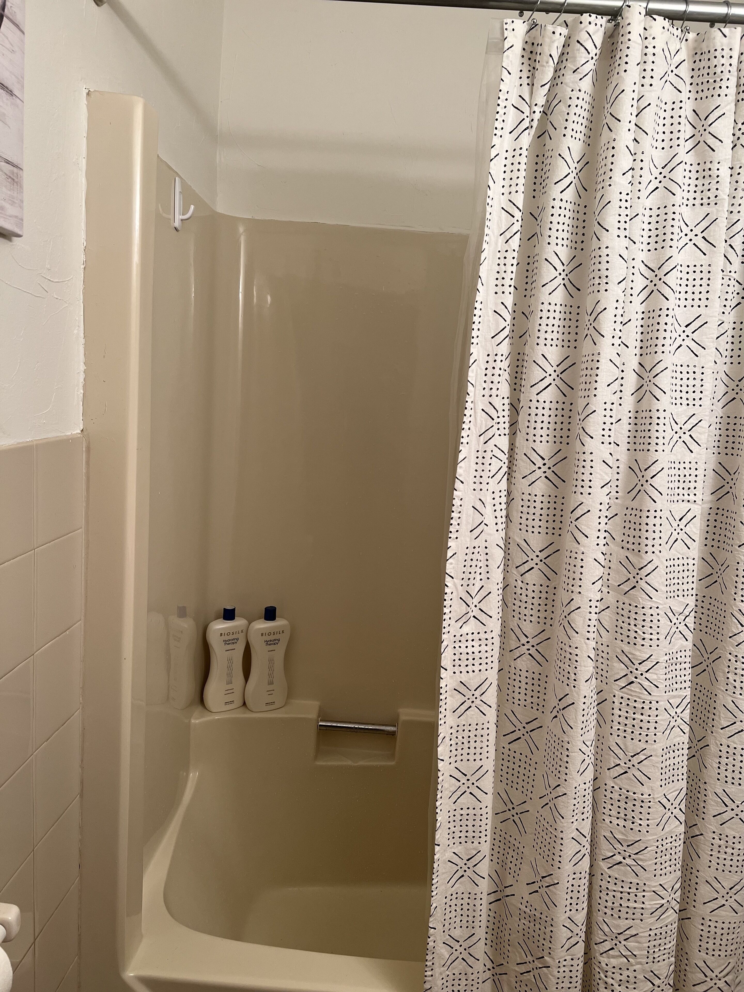 Combined shower/tub, hair dryer, towels, soap