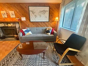 Smart TV, fireplace, DVD player, books