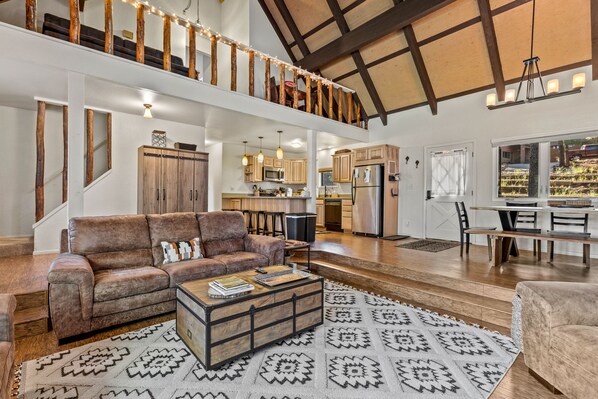 Smart TV, fireplace, books