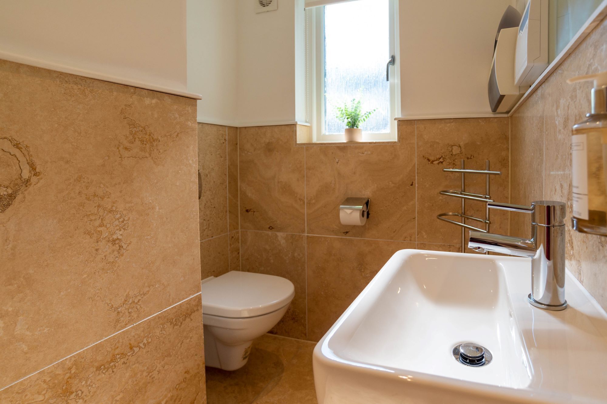 A bathroom with a white sink, a toilet, and a window with a plant.
