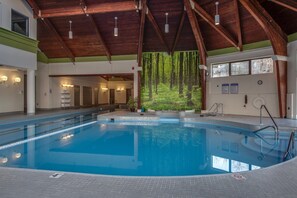 An indoor swimming pool with a forest mural on the back wall, wooden beams, and a tiled floor.