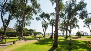 Un parc avec de grands arbres, une pelouse et un pavillon.
