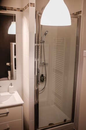 Shower, hair dryer, towels, soap