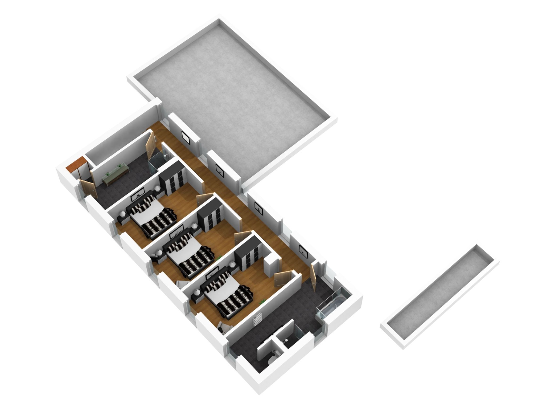 Ein 3D-Grundriss eines Hotels mit mehreren Schlafzimmern, einer Essecke und einem großzügigen, offenen Bereich.