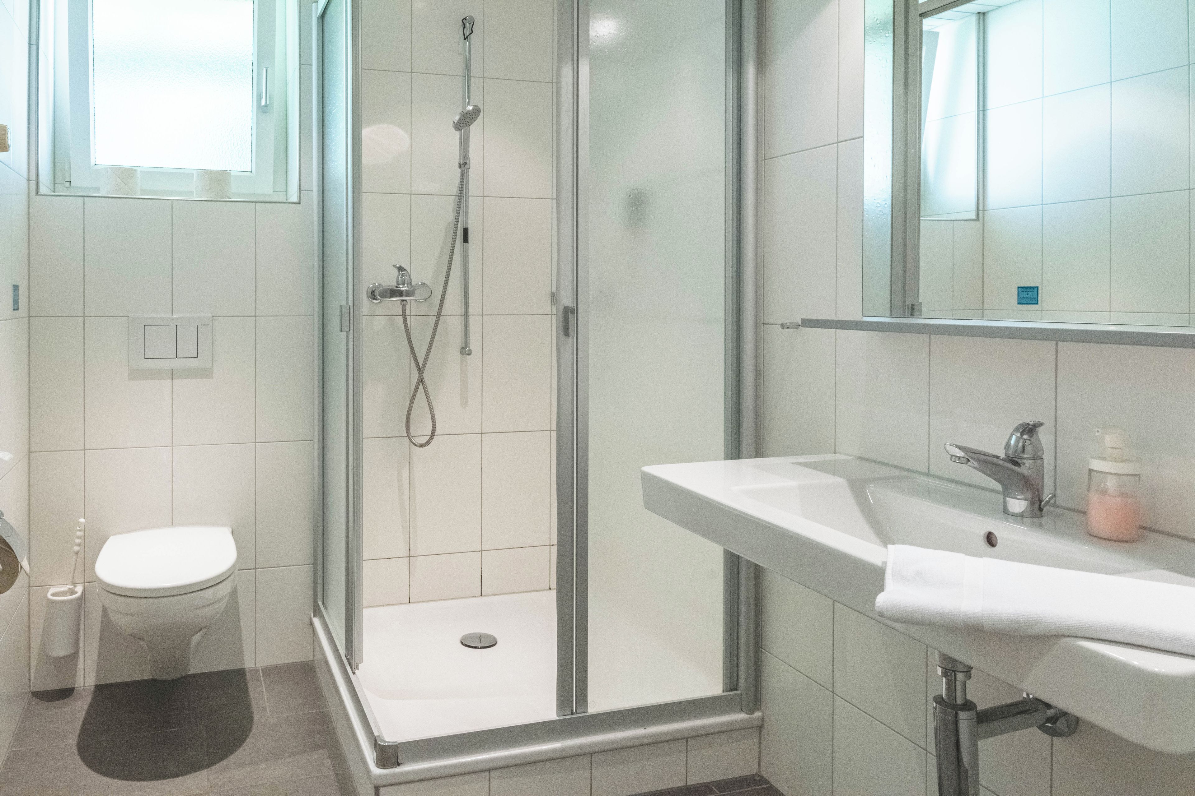 Une salle de bain avec une douche à parois de verre, des toilettes et un lavabo avec un miroir au-dessus.