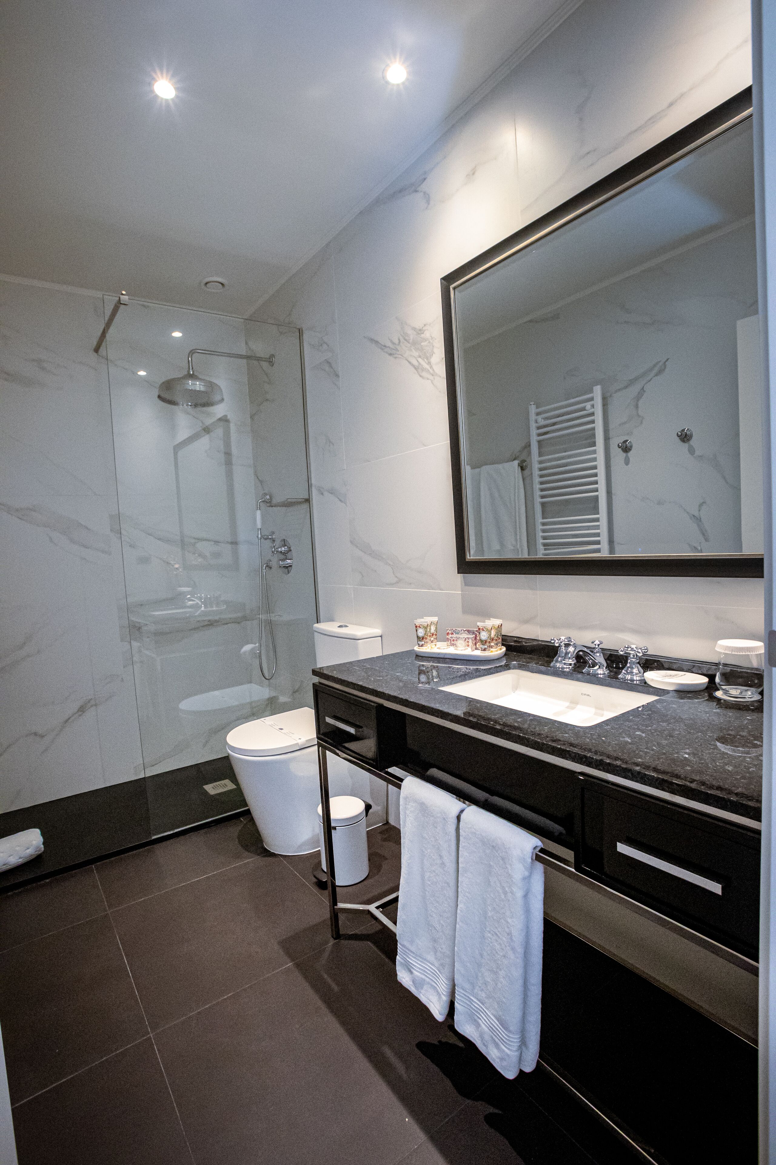 A modern bathroom with a glass-enclosed shower, a white toilet, a black countertop with a sink, and a large mirror.