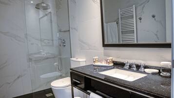 A modern bathroom with a glass-enclosed shower, a white toilet, a black countertop with a sink, and a large mirror.