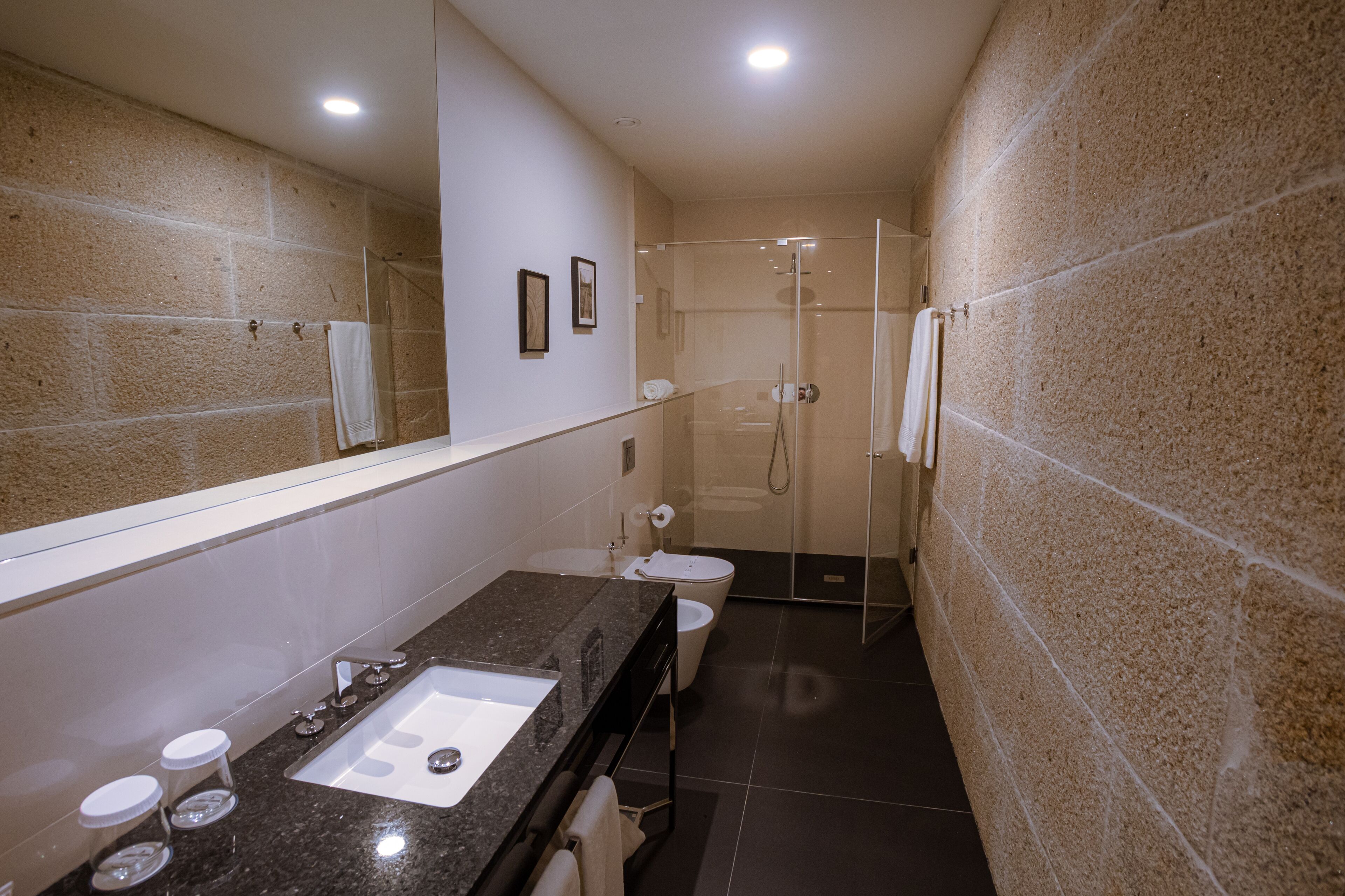 A modern bathroom with a granite sink, a toilet, and a glass-enclosed shower.