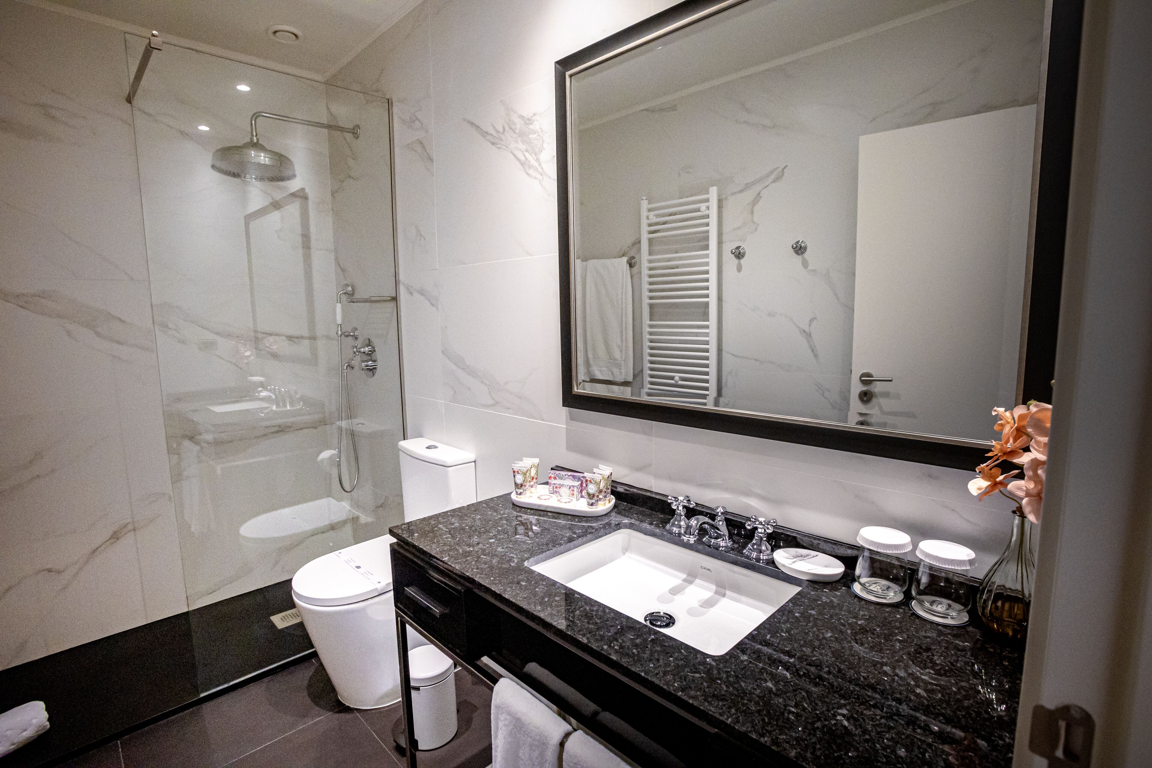 A modern bathroom with a glass-enclosed shower, a white toilet, a black granite sink, and a large mirror.