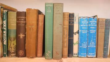 Una selezione di libri antichi su uno scaffale.