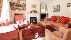 A cozy living room with a fireplace, a bookshelf, a television, and comfortable seating. - Warren Cottage (Bures)
