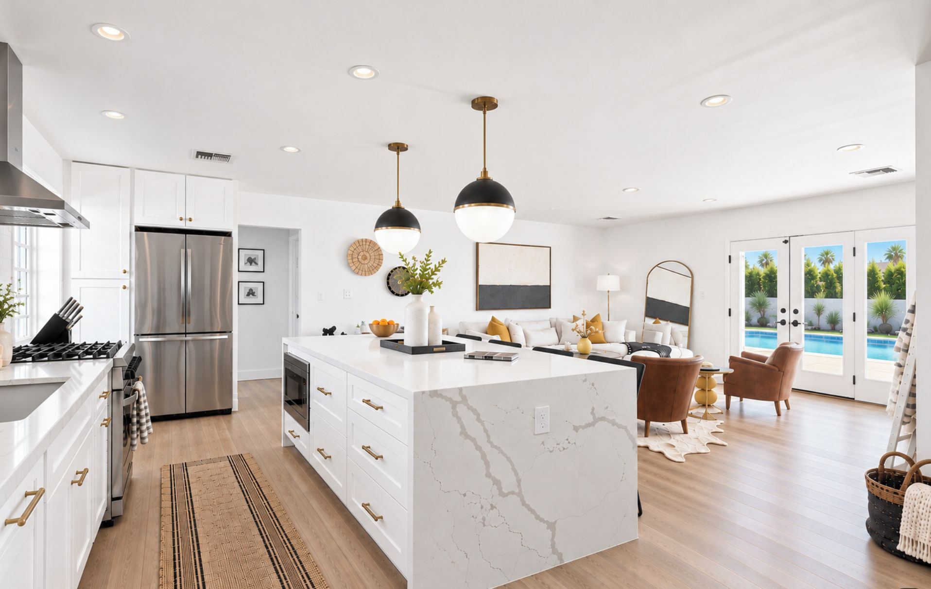 Cozinha moderna com ilha central, eletrodomésticos de aço inoxidável e iluminação pendente.