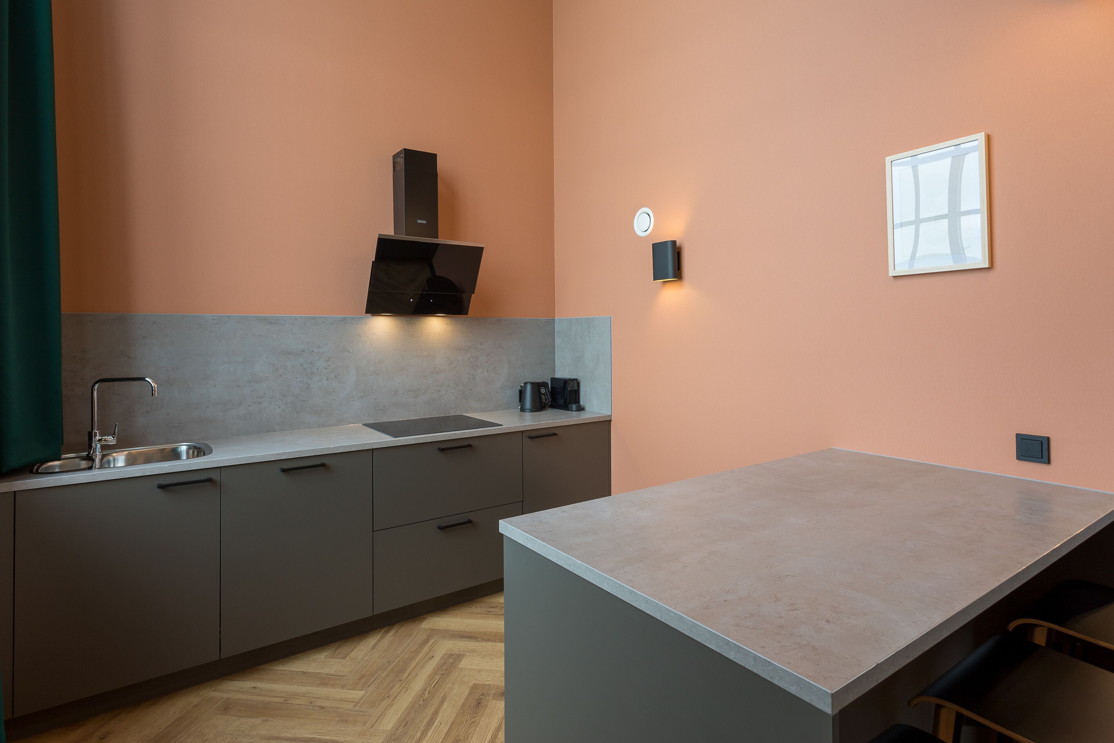 A modern kitchen with a built-in stove, a sink, and a countertop.