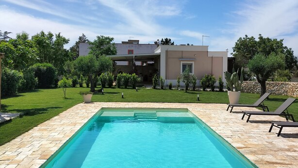 Una piscina rectangular con borde de piedra, rodeada por un césped cuidado y una casa moderna al fondo.