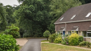 A two-story building with a sloped roof, surrounded by dense forest. - 51 Fernhill Heights (Bridport)