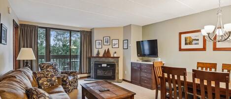 Televisión, chimenea y reproductor de DVD