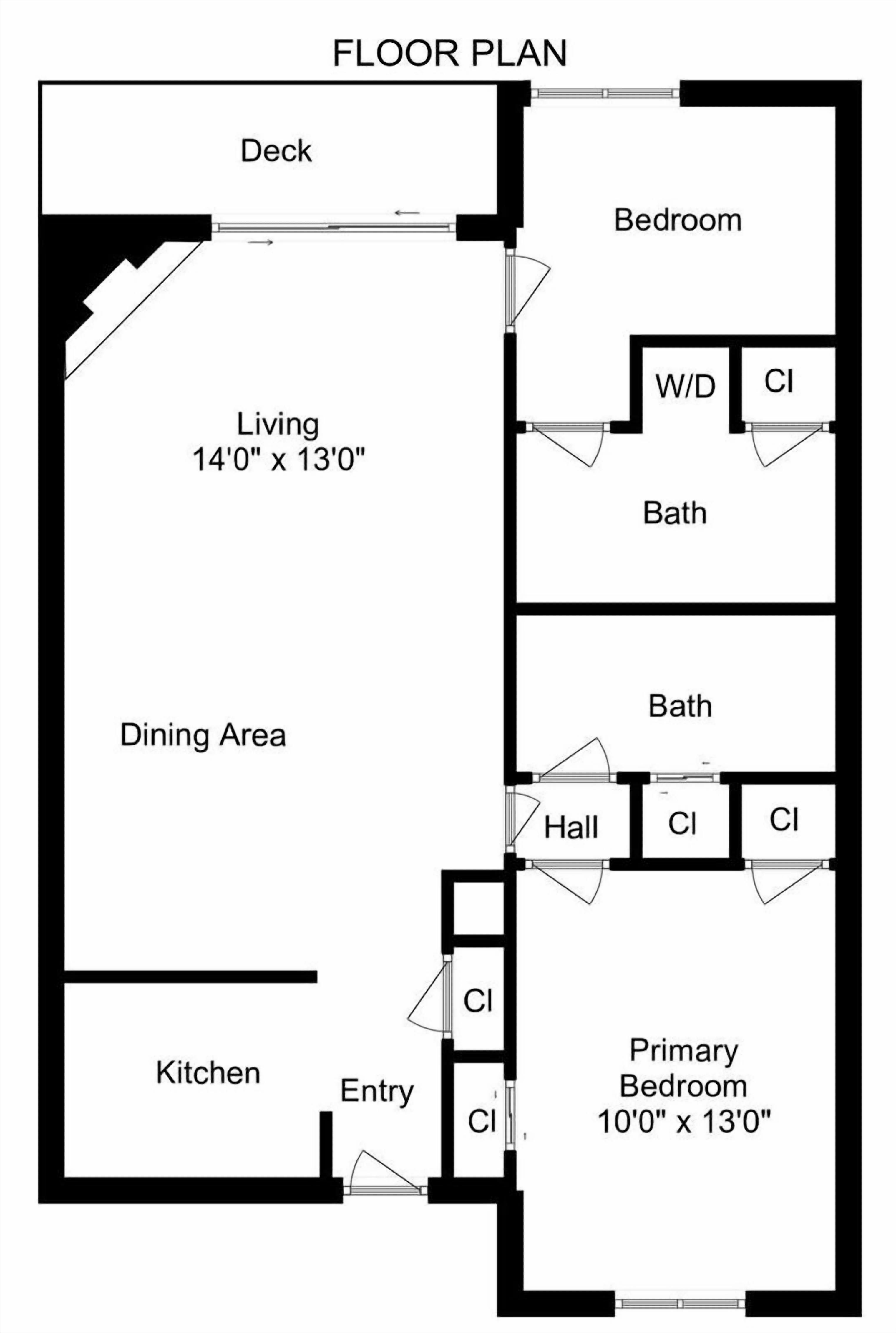 A floor plan with a living room, dining area, kitchen, entry, deck, bedroom, bathroom, and primary bedroom.