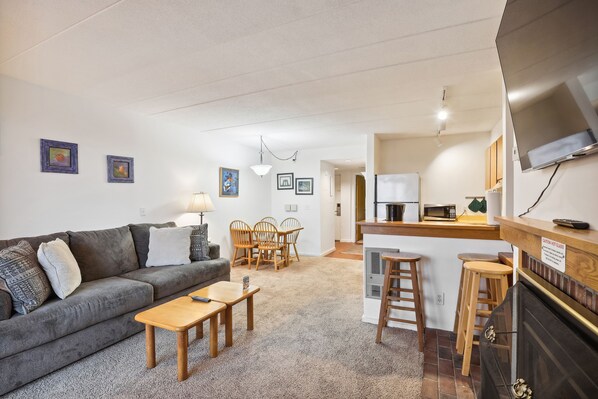 Televisión, chimenea y reproductor de DVD