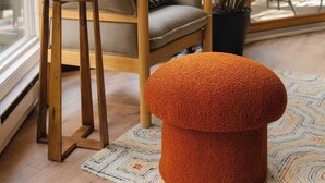 Un salon confortable avec un canapé, un petit tabouret, une lampe et une plante en pot.