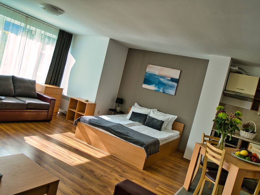A modern bedroom with a wooden bed, a sofa, a dining table with chairs, and a kitchen area.
