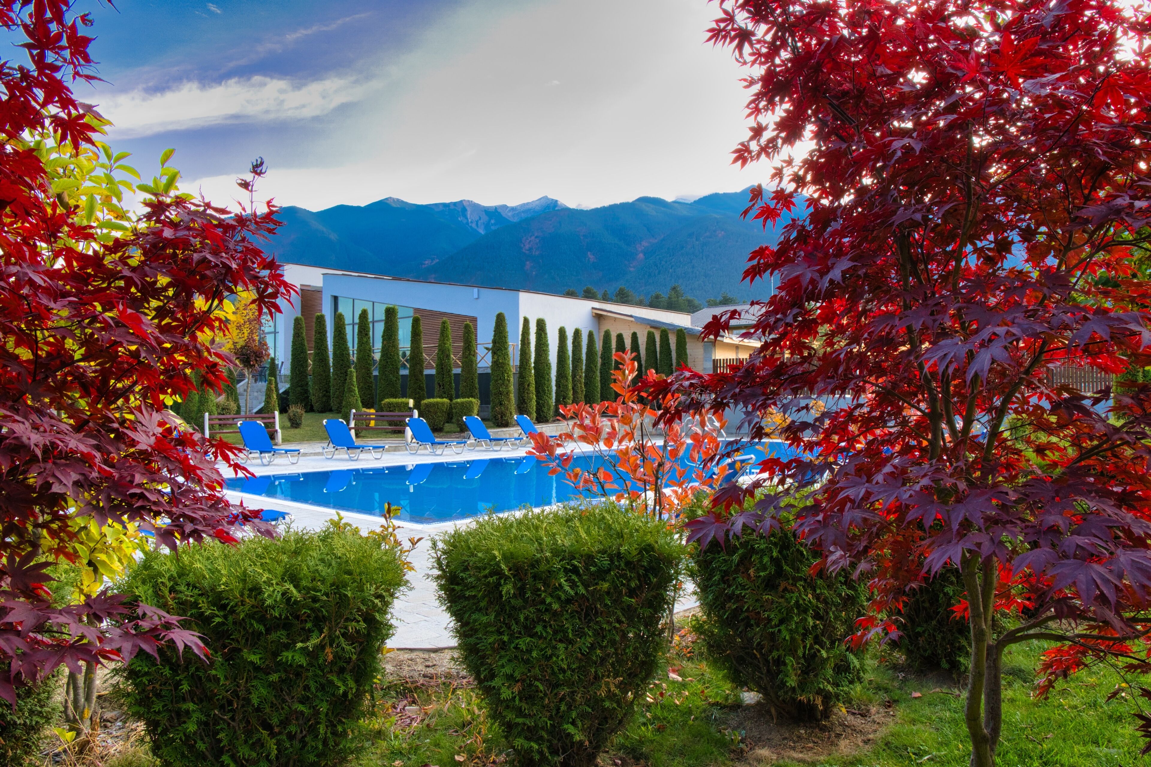 Un edificio moderno con piscina, rodeado de árboles de hojas rojas y montañas al fondo.