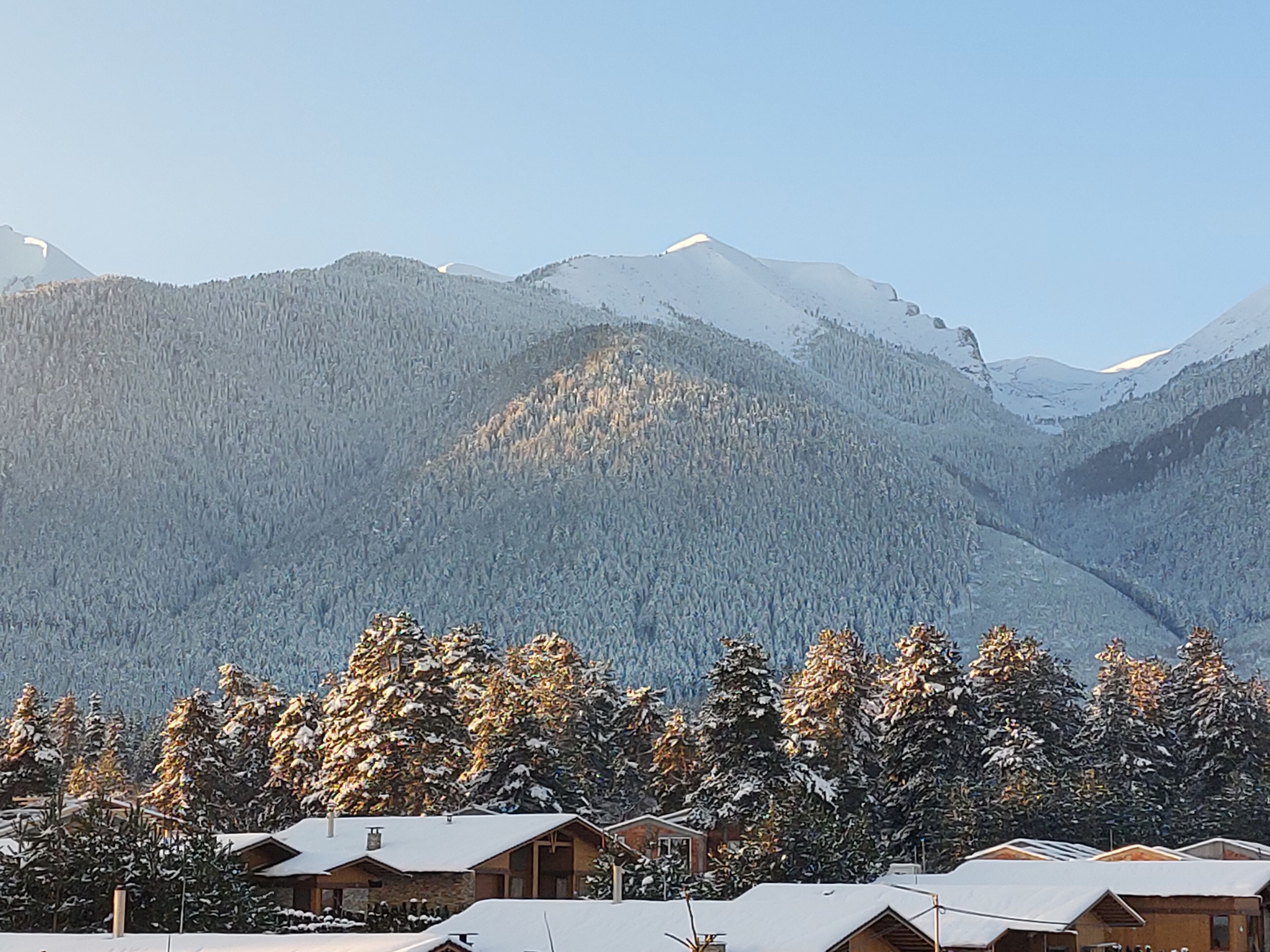 A mountain lodge with multiple cabins, surrounded by snow-covered trees and mountains.