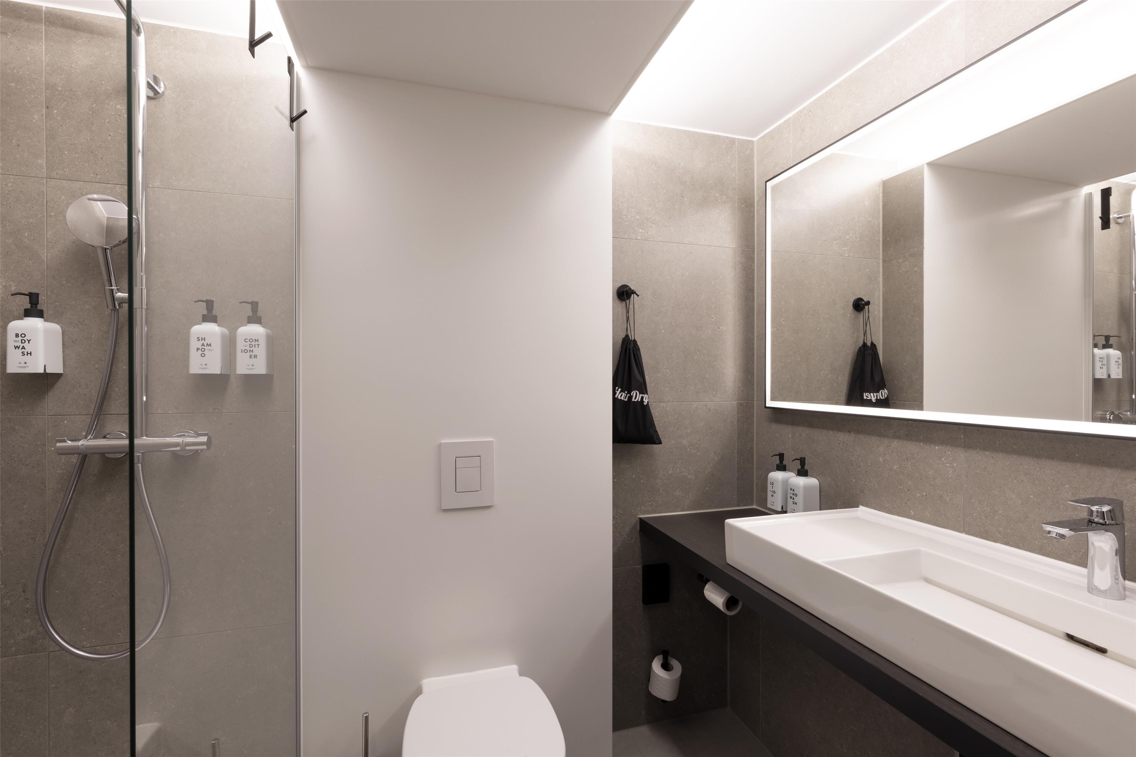 A modern bathroom with a shower, toilet, and a large mirror.