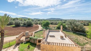 A courtyard with a stone wall, a palm tree, and a view of the countryside. - Country House 'Can Menut' with Mountain View, Wi-Fi and Air Conditioning (FELANITX)