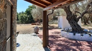 A covered outdoor area with stone walls, a pergola, and a large tree. - Stone house among trees with private garden, terrace & Wi-Fi (?ea? ??d???a?)