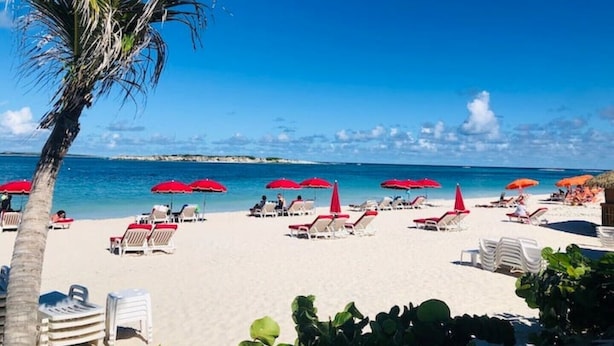 Una playa con sillas reclinables blancas y sombrillas rojas, palmeras y agua azul cristalina.