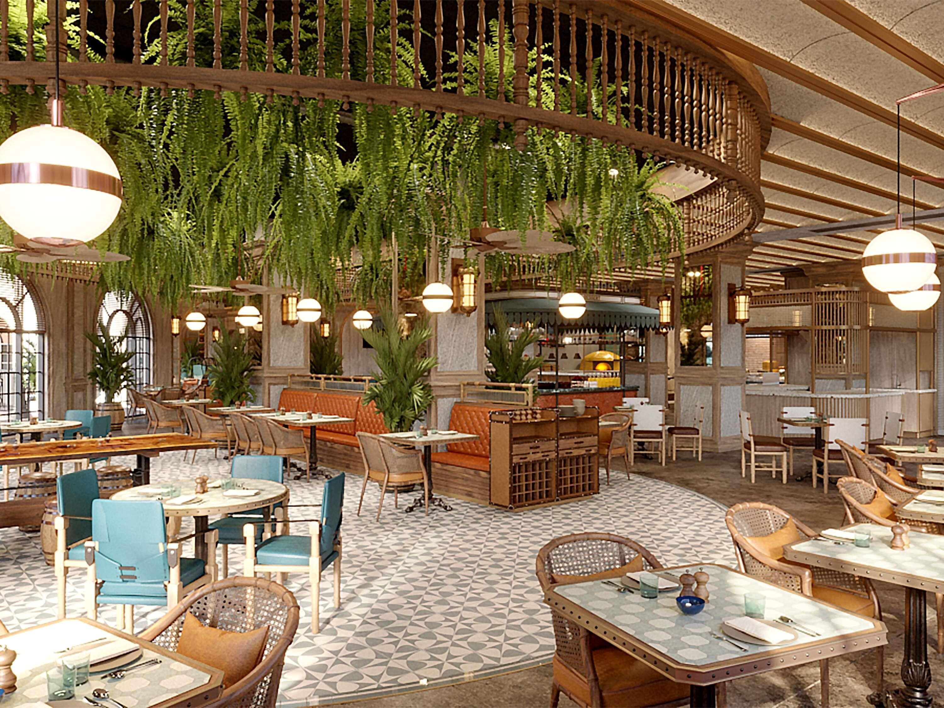 An indoor dining area with multiple tables and chairs, a central bar area, and hanging plants.