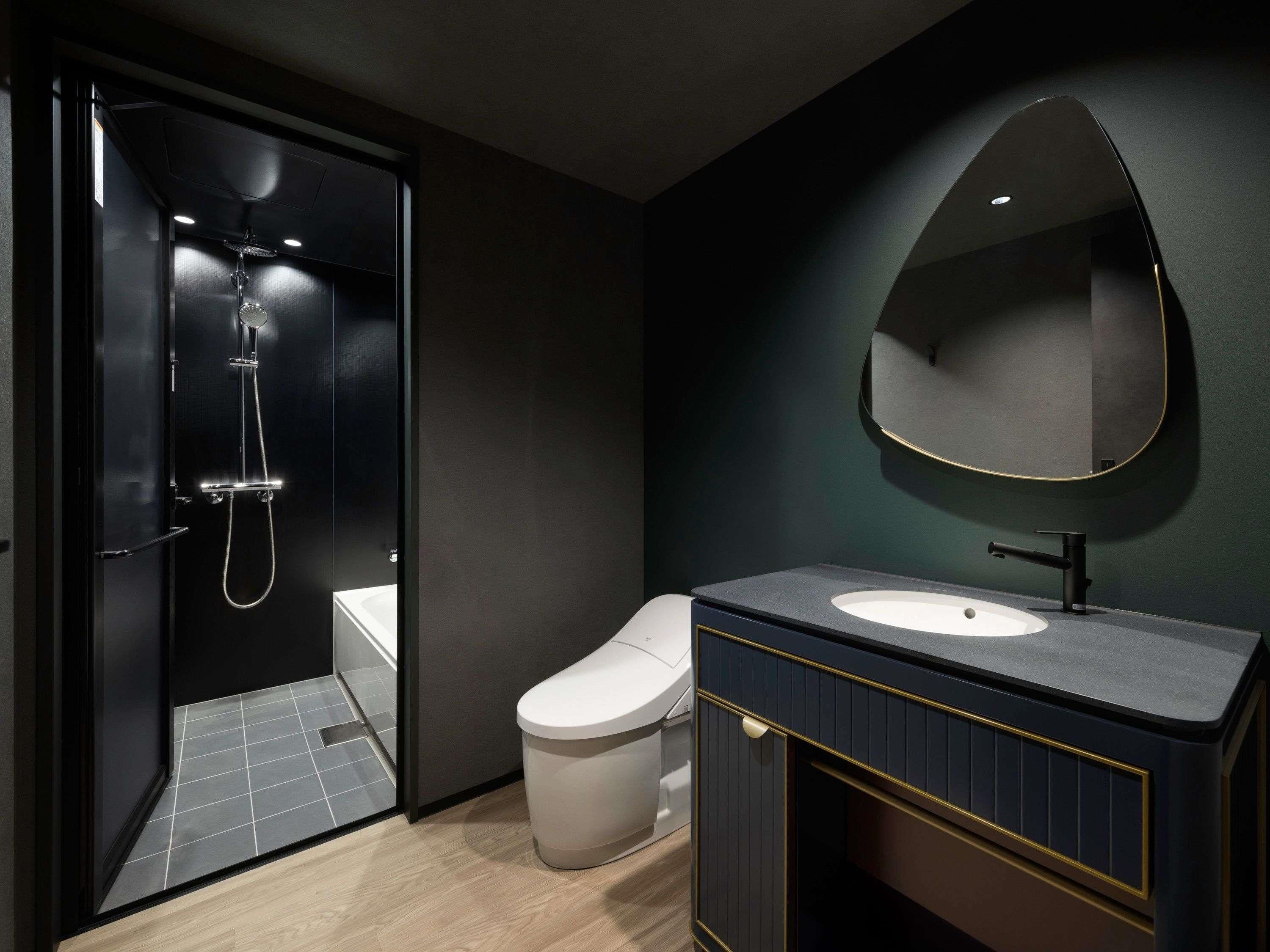 A modern bathroom with a walk-in shower, toilet, and vanity with a mirror.