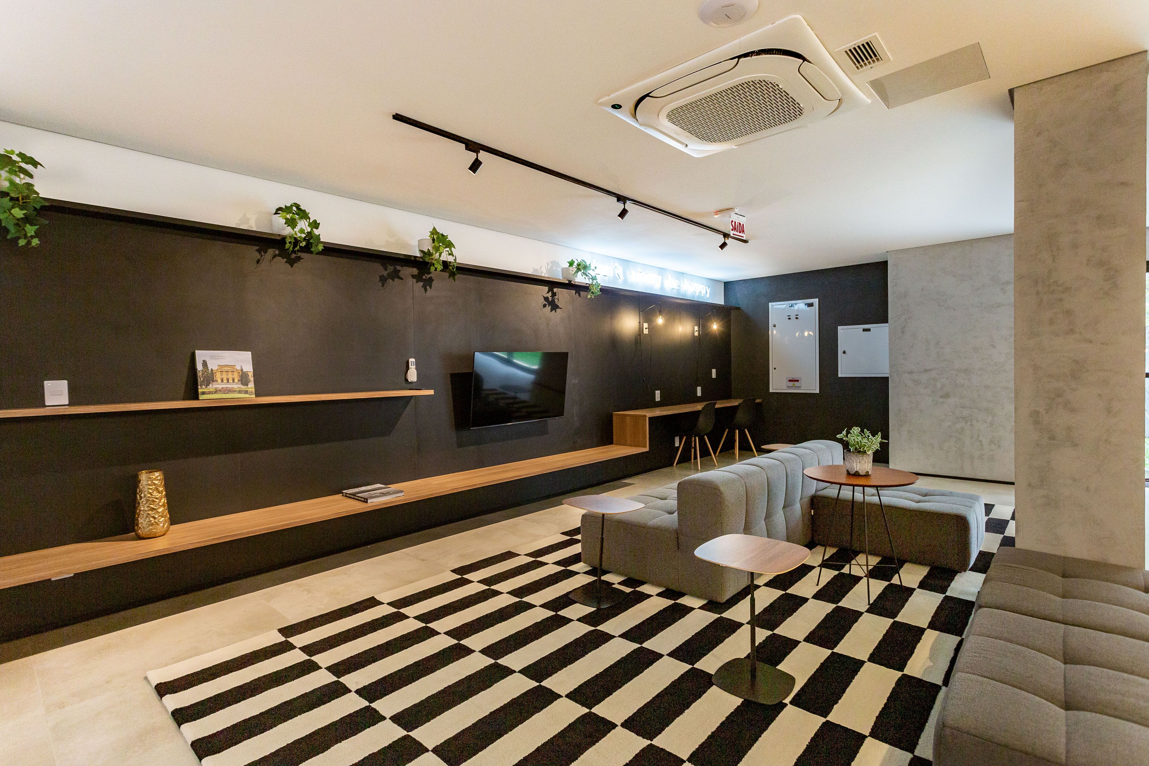 A modern lounge area with a checkered rug, sofas, a flat-screen TV, and decorative plants.
