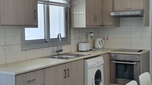 A modern kitchen with a built-in washing machine, a stove, and a kettle. - Phaedrus Living City Flat Demetra 102 (Larnaca)