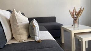 A modern living room with a grey sofa, beige and striped cushions, and a small table with a vase of dried plants. - Phaedrus Living City Flat Demetra 102 (Larnaca)