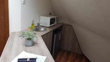 A small kitchen with a microwave, sink, and a potted plant on the counter.