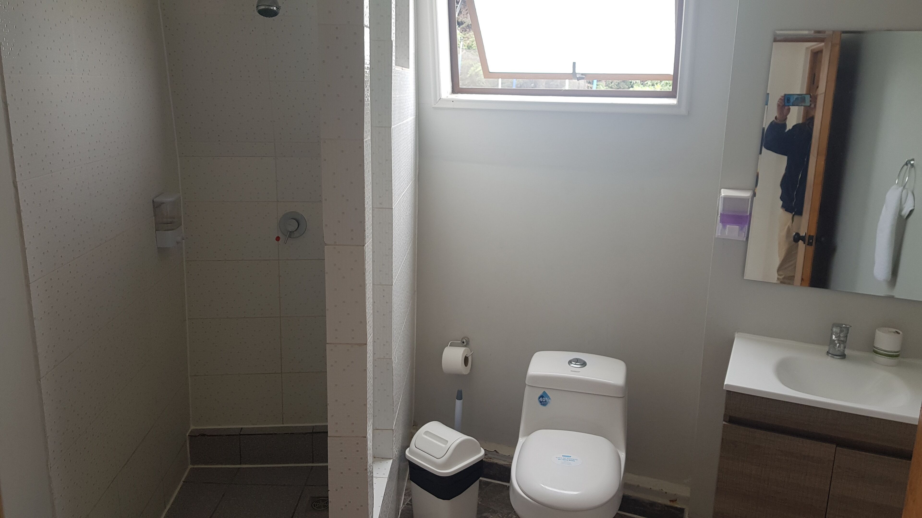 Un bagno con doccia, WC, lavandino e finestra.