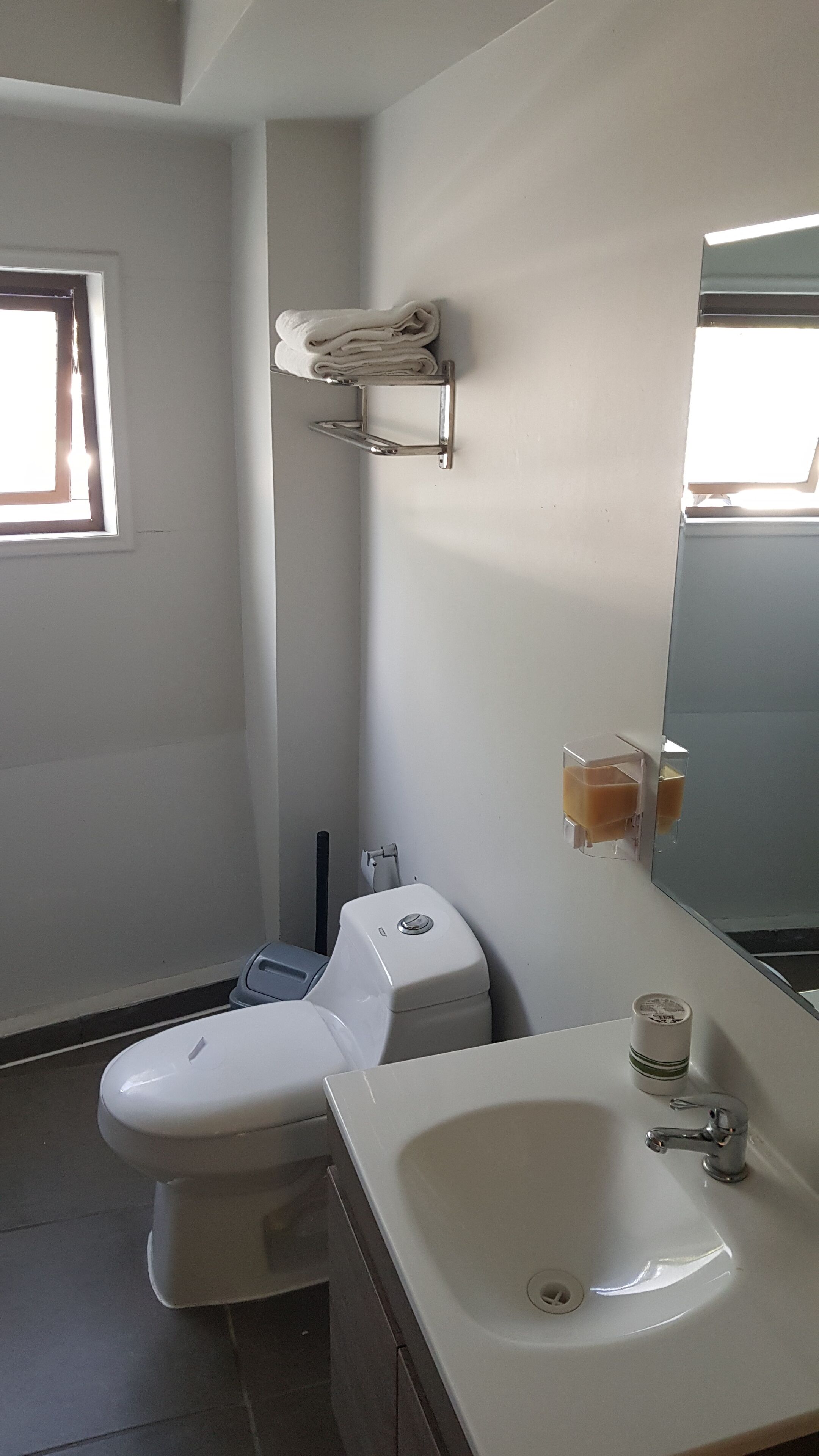 Un bagno con il water, un lavandino e un portasciugamani.