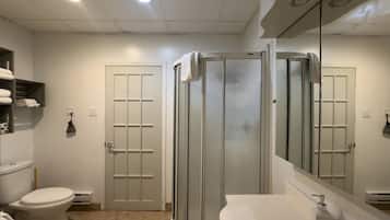 A bathroom with a toilet, a shower enclosure, and a sink with a mirror.