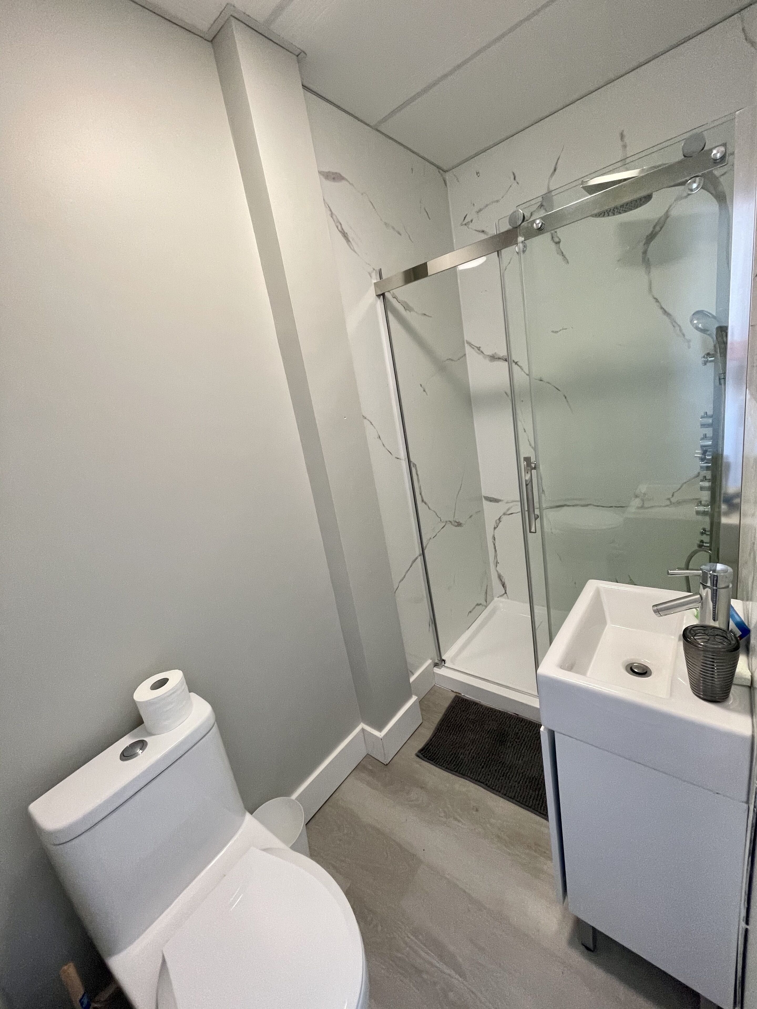 Een badkamer met een toilet, een glazen douchecabine en een wastafel met spiegel.