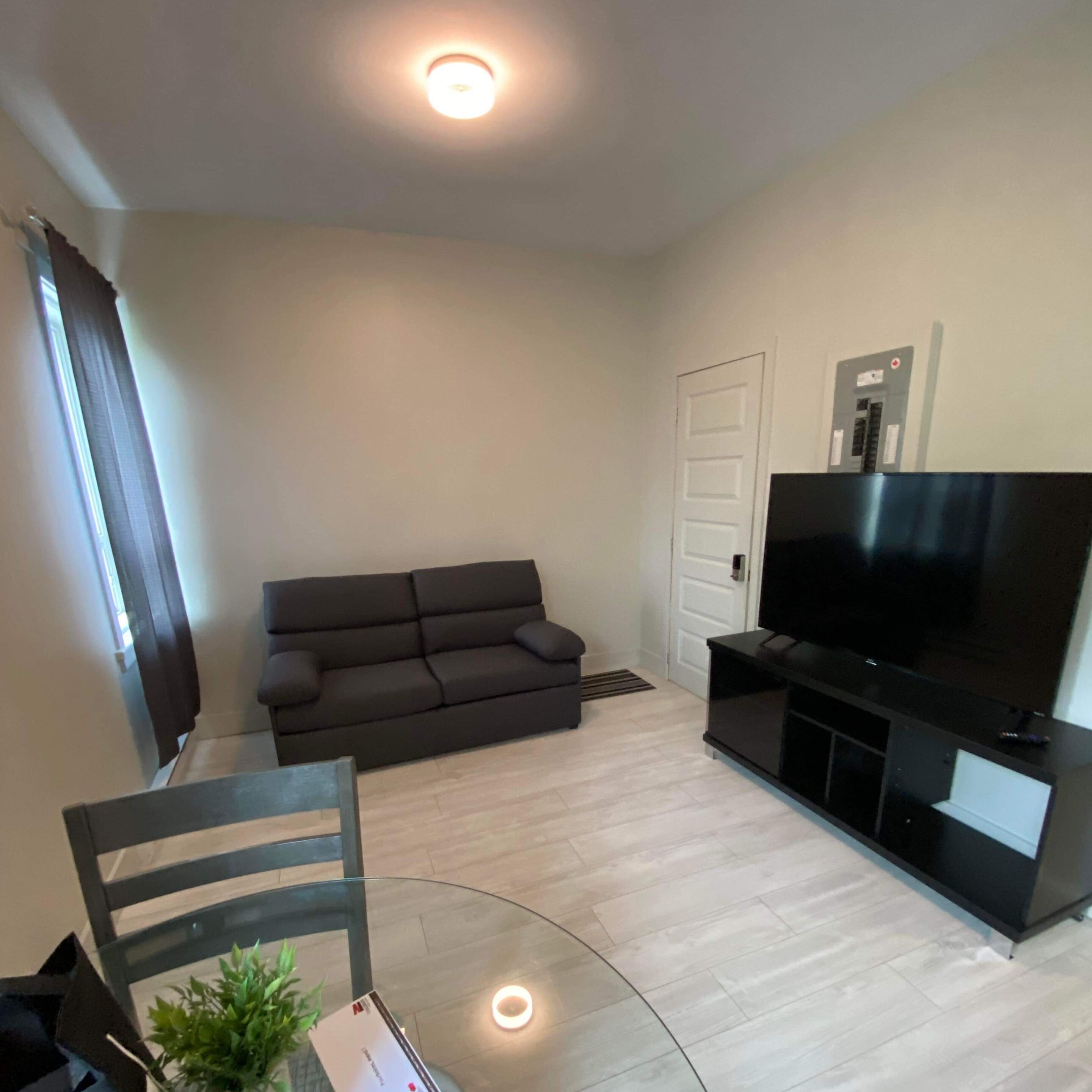 Una sala de estar moderna con un sofá gris oscuro, una mesa de centro de vidrio, un mueble multimedia negro con televisor de pantalla plana y una pequeña planta en maceta.