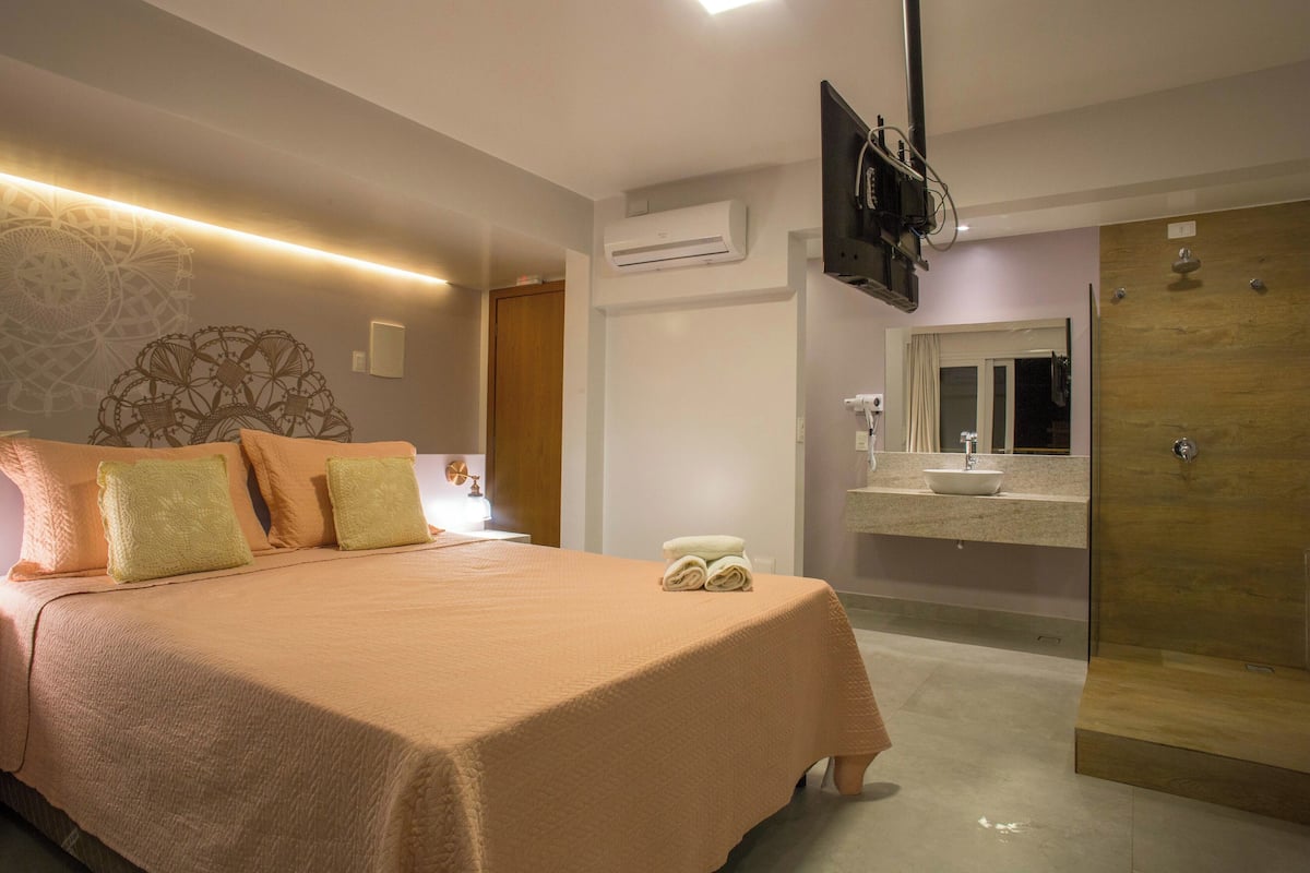 A bedroom with a bed, a TV mounted on the wall, an air conditioning unit, a bathroom with a sink and mirror, and a wooden door.