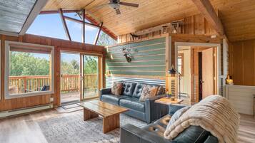 Smart TV, fireplace, DVD player, books