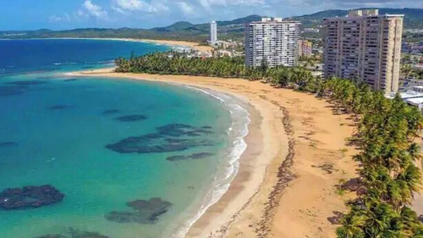 A coastal area with a beach, clear blue waters, and several high-rise buildings. - Brand New Modern Studio with Pool (Luquillo)