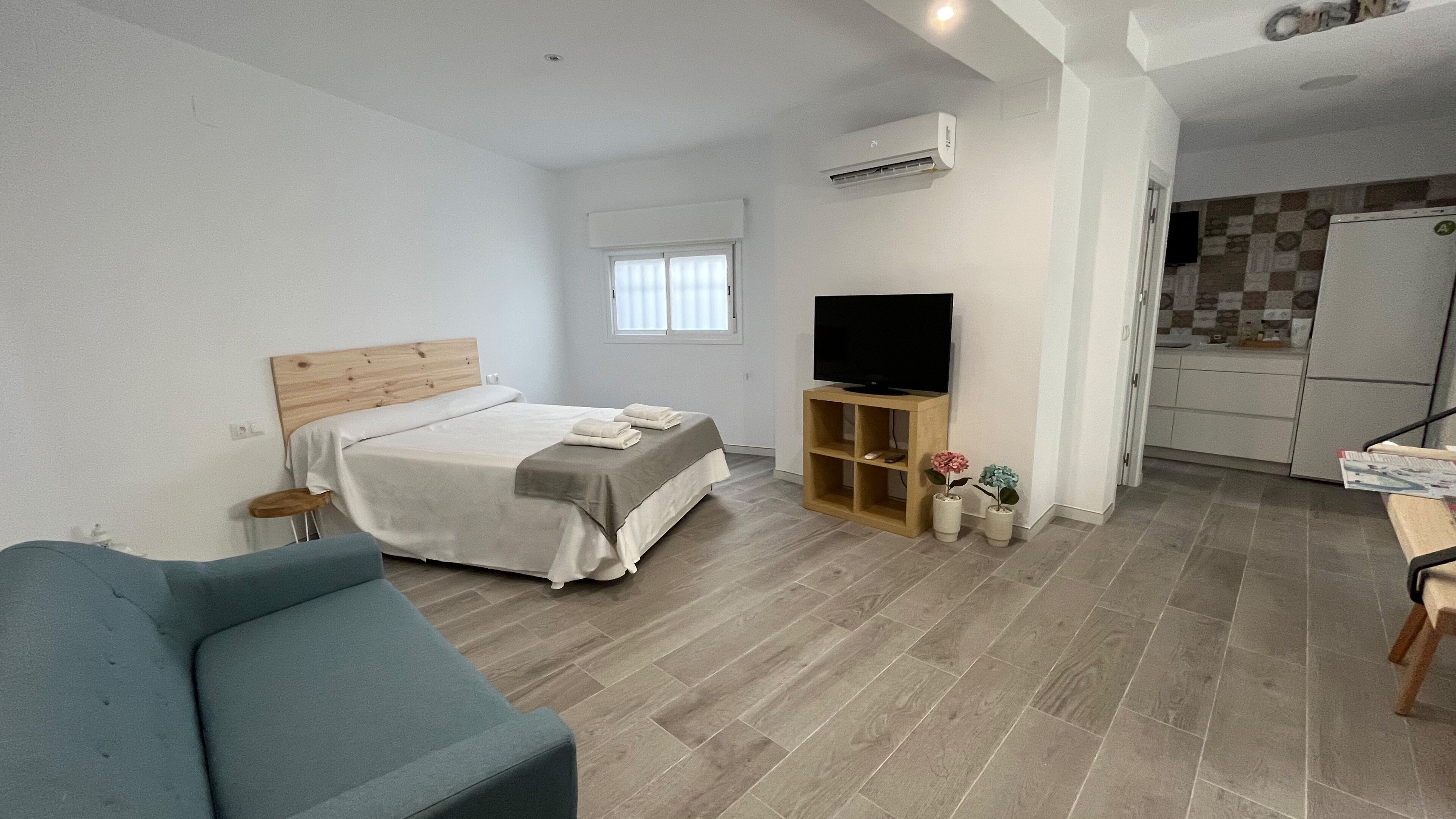 A bedroom with a bed, a TV, and a small kitchenette.