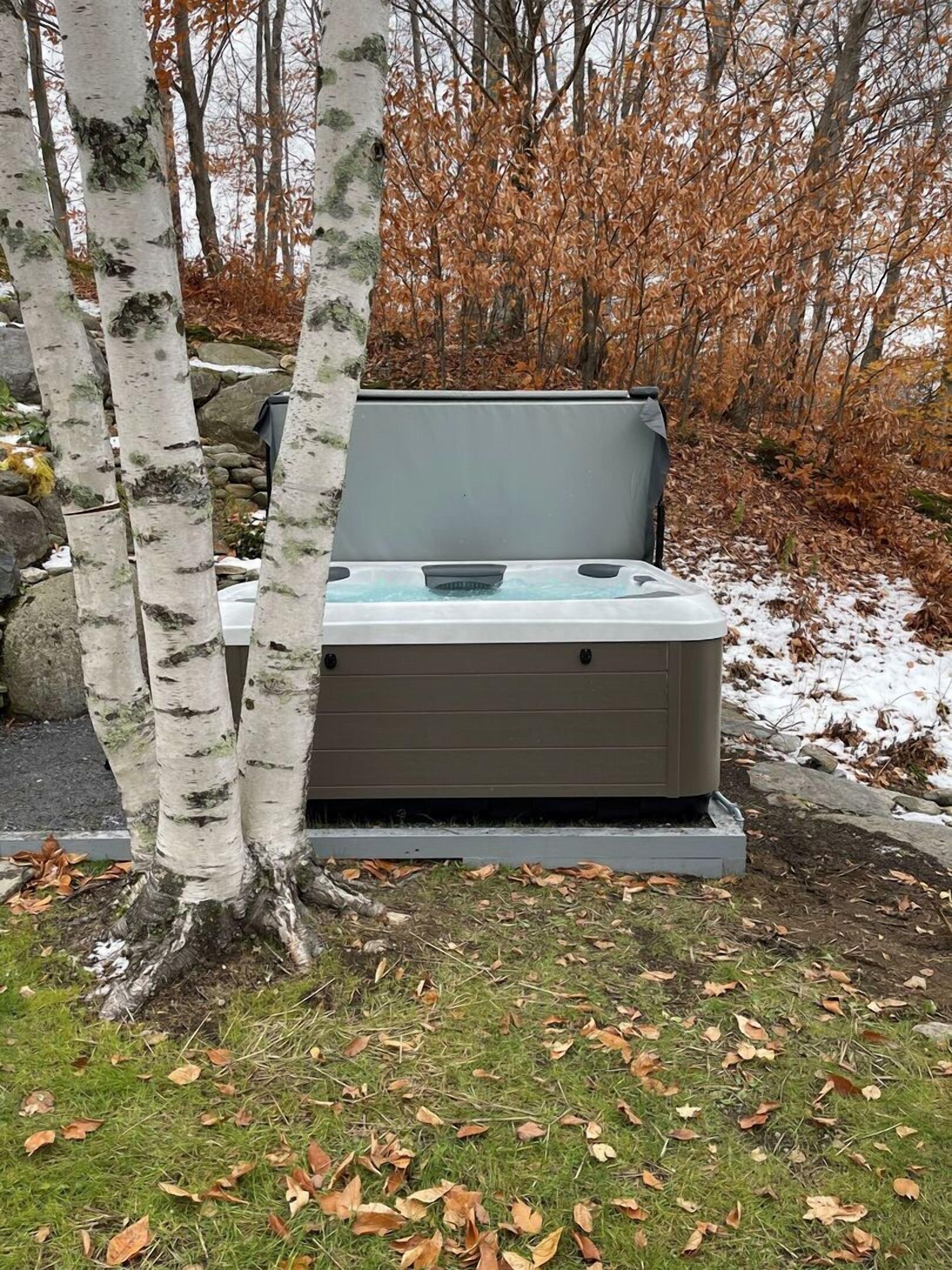 Sisäänrakennetulla istuimella varustettu poreallas, jonka ympärillä on koivuja ja kivimuuri.