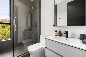 Shower, hair dryer, towels, soap