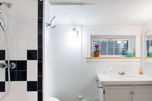 Shower, hair dryer, towels, soap - Renovated basement studio in historic Mapleton Hill. (Boulder)