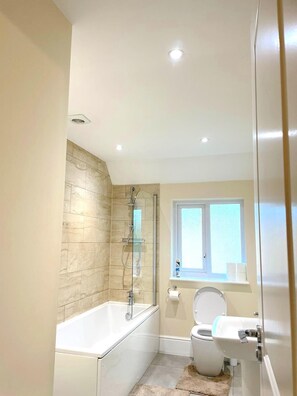 Combined shower/tub, towels, toilet paper